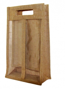 Jute-Weinpräsent-Verpackung,für 2 Flaschen, m. Sichtfenster,Ausschnitt-Griff
