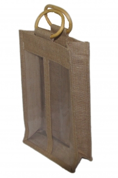 Jute-Weinpräsent-Verpackung,für 2 Flaschen, m. Sichtfenster,Büge-Griff