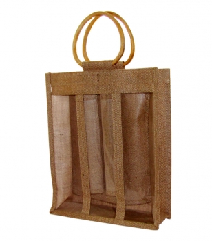 Jute-Weinpräsent-Verpackung,für 3 Flaschen, m. Sichtfenster,Bügel-Griff