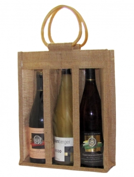 Jute-Weinpräsent-Verpackung,für 3 Flaschen, m. Sichtfenster,Bügel-Griff