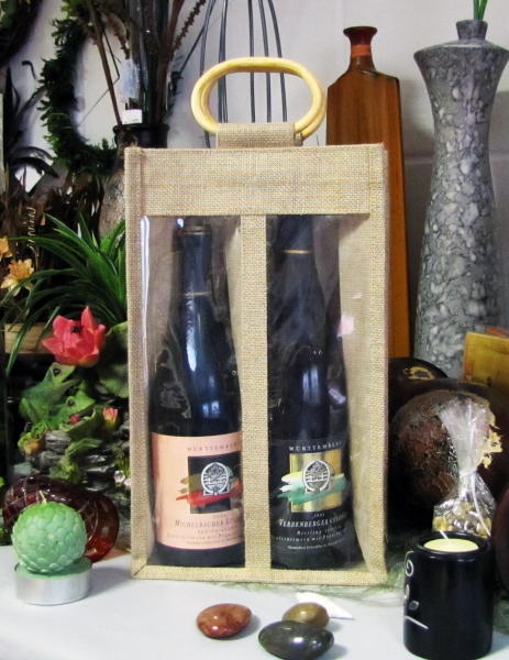 Jute-Weinpräsent-Verpackung,für 2 Flaschen, m. Sichtfenster,Büge-Griff